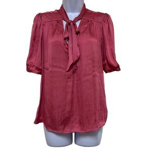 Paige Pink Satin Blouse Tie Neck Short Sleeves Small NWT Secretary Slinky Work